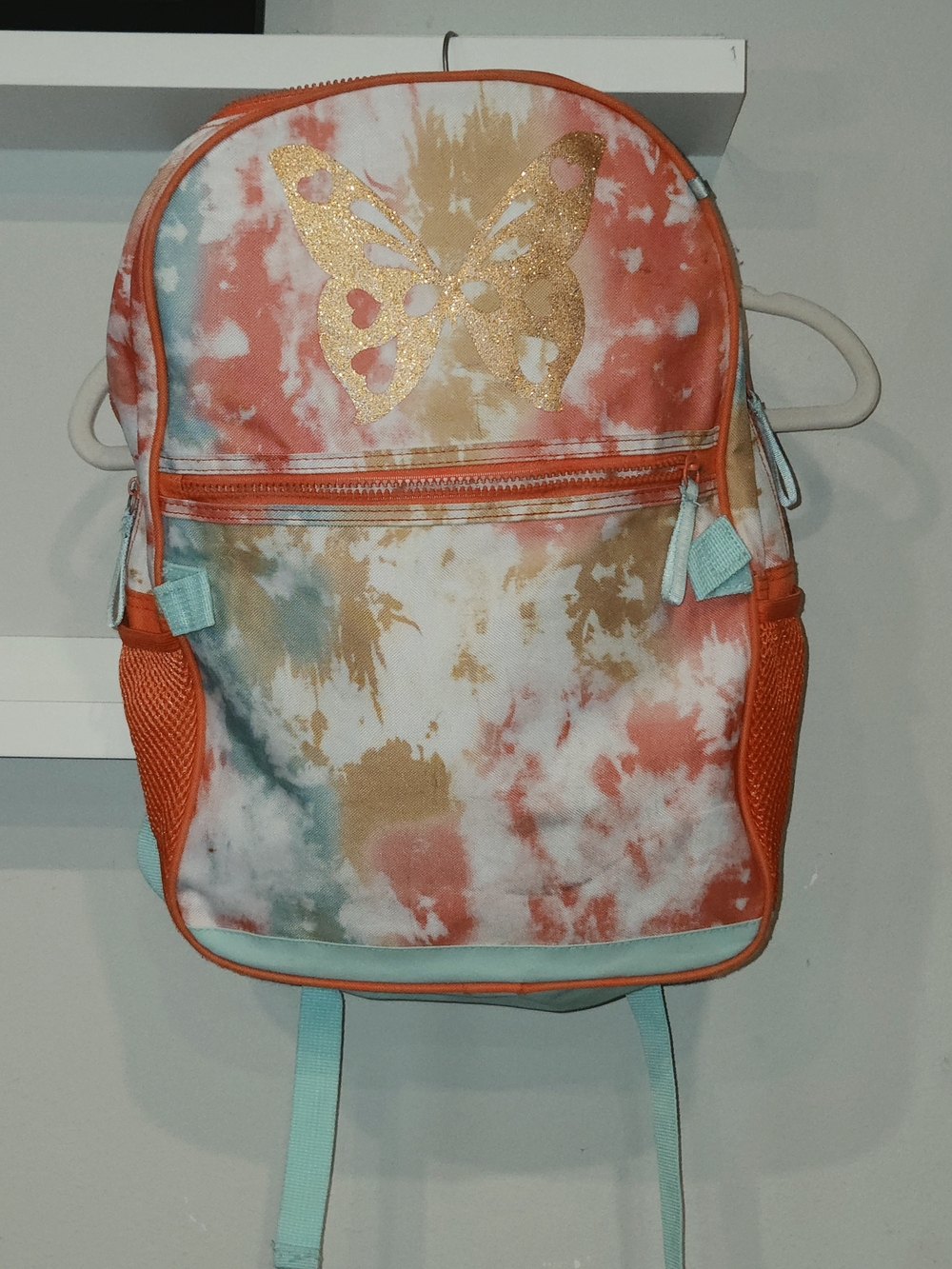 Tie-Dye Butterfly Backpack in Coral, Teal & Gold Glitter
